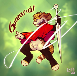 anthro balls bottomless bottomless_male clothed clothing erection eyes_closed genitals humanoid_genitalia humanoid_penis male melee_weapon open_mouth penis shota solo sword text weapon young iztli cheetah felid feline mammal 2025 artist_name hi_res