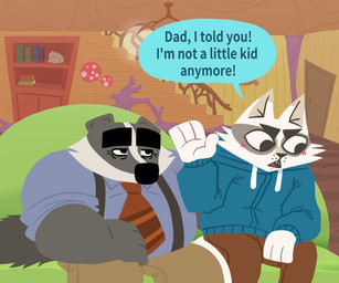 anthro black_body black_fur black_nose blue_clothing blue_hoodie blue_topwear blush bottomwear brown_bottomwear brown_clothing brown_pants clothing detailed_background dialogue duo fur furniture hoodie inside male open_mouth overweight overweight_male pants shirt sitting sofa suspenders text topwear white_body white_fur bencomedion beastly_crimes beastly_crimes_(2024) badgercat chief_badger badger domestic_cat felid feline felis mammal mustelid musteline 2026 english_text