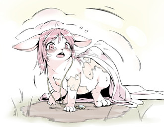 blush bodily_fluids breasts female hair jewelry looking_at_viewer necklace nipples open_mouth scared semi-anthro shrinking size_transformation solo species_transformation tears transformation oseron lagomorph leporid mammal rabbit 2014
