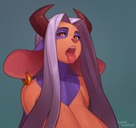 anthro big_breasts breasts ear_piercing female hair horn huge_breasts long_hair looking_at_viewer open_mouth oral_invitation piercing pink_nose purple_body purple_hair purple_skin red_eyes simple_background solo teeth tongue tongue_out cyancapsule rosie_(cyancapsule) bovid bovine cattle mammal 2015 bust_portrait portrait