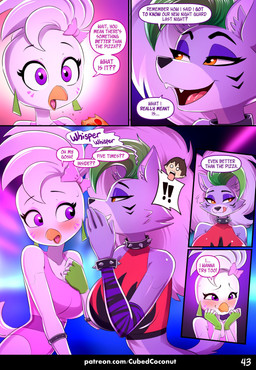 anthro beak big_breasts blush bracelet breasts clothing duo_focus exclamation_point eyelashes eyeshadow female food fur green_hair grey_hair group hair inner_ear_fluff jewelry machine makeup open_beak open_mouth orange_eyes pink_clothing pizza pizza_slice purple_body purple_eyes purple_eyeshadow purple_fur red_clothing spiked_bracelet spikes teeth text tongue trio tuft whispering white_body white_hair cubedcoconut five_nights_at_freddy's five_nights_at_freddy's:_security_breach scottgames steel_wool_studios glamrock_chica roxanne_wolf animatronic avian bird canid canine canis chicken galliform human mammal phasianid robot wolf 2025 comic english_text hi_res url