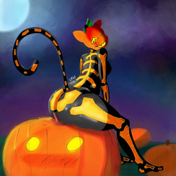 anthro arched_back big_breasts big_butt blush blush_lines bone breasts butt butt_focus claws cloud feet female food for_a_head fruit glistening glistening_body glowing glowing_eyes jack-o'-lantern light moon moonlight plant pumpkin pumpkin_head raised_tail sitting sitting_on_another skeleton smile solo tail thick_thighs toe_claws jimhongdingdong epic_games fortnite fortnite:_battle_royale spice_(fortnite) felid feline mammal object_head 1:1 digital_media_(artwork) hi_res