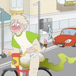 anthro bicycle blush bodily_fluids diaper feces genital_fluids male peeing public smelly soiling solo stink_fumes stink_lines urine vehicle watersports wet wetting possumkiddo haplorhine mammal monkey primate 1:1 absurd_res distracting_watermark hi_res watermark