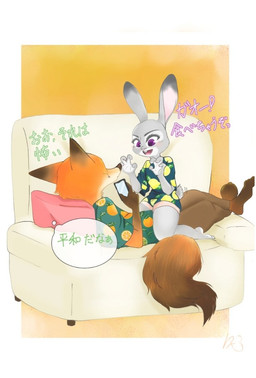 anthro barefoot border bottomwear buckteeth cellphone chair clothed clothing dialogue duo electronics feet fully_clothed fur furniture grey_body grey_fur holding_cellphone holding_object holding_phone open_mouth open_smile orange_background orange_body orange_fur pants phone pillow purple_eyes reclining shirt simple_background smile straddling teeth text thought_bubble topwear white_border moromorowephi disney zootopia judy_hopps nick_wilde canid canine fox lagomorph leporid mammal rabbit red_fox true_fox 2020 japanese_text translated