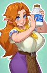 5_fingers blue_eyes blush bottle brown_hair clothed clothing container eyelashes female fingers hair holding_bottle holding_container holding_object humanoid_pointy_ears light_body light_skin long_hair looking_at_viewer milk not_furry pointy_ears simple_background smile smiling_at_viewer solo white_body rizdraws nintendo ocarina_of_time the_legend_of_zelda malon humanoid hylian 2023 digital_media_(artwork) hi_res