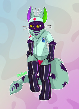 ambiguous_gender anthro clothing handwear headgear headwear latex latex_clothing latex_handwear latex_legwear legwear nurse nurse_clothing nurse_headwear solo underwear undressing davyboi ambiguous_species felid feline mammal hi_res