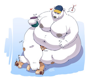 5_fingers 5_toes anthro areola belly big_belly big_breasts black_nose breasts brown_body brown_fur clothing duo feet female fingers fur grey_areola grey_nipples hat hat_only head_between_thighs headgear headgear_only headwear headwear_only heart_symbol high-angle_view mostly_nude navel nipples nude obese obese_anthro obese_female overweight overweight_anthro overweight_female pawpads simple_background smile sound_effects spray_bottle thick_thighs toes white_body white_fur wide_hips ruffus_woofus the_adventures_of_courdroy_bear bearimore bear canid canine mammal polar_bear ursine hi_res