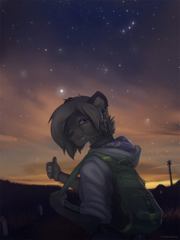 anthro backpack clothed clothing collar detailed_background female fur hair night purple_eyes solo star koul falla_(f-r95) felid mammal prehistoric_species saber-toothed_tiger