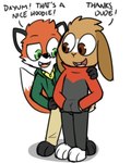 anthro clothed clothing duo fur male young young_anthro pokefound da_silva jimmy_(pokefound) randy_(pokefound) canid canine fox lagomorph leporid mammal rabbit 4:5