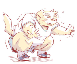 anthro biped blush bodily_fluids bottomwear clothed clothing crouching exercise fully_clothed kemono male open_mouth overweight overweight_male shirt shorts simple_background solo sweat topwear takagi_kyou trouble_(series) namihira_kousuke canid canine canis domestic_dog mammal 2026 digital_media_(artwork) full-length_portrait portrait