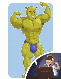 4_toes 5_fingers abs armpit_hair arms_bent bald big_muscles big_pecs blood blue_clothing blue_eyes blue_speedo blue_swimwear blush bodily_fluids body_hair brown_armpit_hair brown_eyebrows brown_eyes brown_hair bulge clothed clothed_humanoid clothed_male clothing colored_nails desk drawing_pen drawing_tablet duo ear_stalk eyebrows feet fingers fist flexing flexing_bicep flexing_both_biceps freckled_arms freckled_face freckles furniture green_body green_freckles green_skin grey_nails grey_toenails hair hat headgear headwear holding_drawing_pen leaf light long_nose looking_at_viewer male muscular muscular_humanoid muscular_male muscular_thighs nails nosebleed not_furry open_mouth open_smile outline pecs short_hair smile smiling_at_viewer speedo speedo_only standing straight_leg swimwear table tan_body text thick_thighs toenails toes topless topless_humanoid topless_male white_outline year yellow_clothing yellow_hat yellow_headwear pique_raj dreamworks pinocchio shrek_(series) pinocchio_(character) shrek_(character) humanoid living_puppet ogre 2025 absurd_res artist_name colored digital_drawing_(artwork) digital_media_(artwork) english_description hi_res lighting shaded
