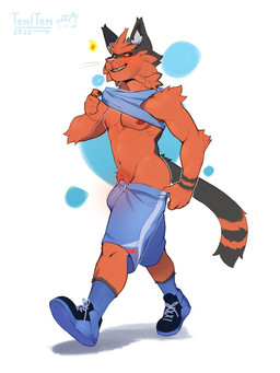 anthro anthrofied areola athletic athletic_anthro athletic_male barely_visible_genitalia biceps biped black_body black_fur blush bulge butt clothed clothing detailed_bulge erection fur genital_outline genitals hair humanoid_genitalia humanoid_penis looking_at_viewer male male_anthro nipples open_mouth pecs penis penis_outline plantigrade pubes red_body simple_background smile solo tail teeth tem1tem nintendo pokemon generation_7_pokemon mammal pokemon_(species) torracat 3:4 absurd_res digital_media_(artwork) hi_res
