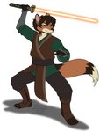 4_toes 5_fingers anthro black_hair clothed clothing countershading eyebrows eyelashes feet fingers fully_clothed green_eyes hair jedi lightsaber male melee_weapon orange_lightsaber solo text toes weapon kittydee star_wars duster_(duster) canid canine fox mammal 2021 digital_media_(artwork) hi_res signature