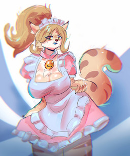 alternative_fashion amber_eyes anthro bell bell_collar big_breasts black_lips blonde_hair blush breasts chest_tuft classic_lolita claws cleavage clothed clothing collar eyelashes female finger_claws fur hair headgear headwear inner_ear_fluff j-fashion lips lolita_(fashion) looking_at_viewer maid_headdress maid_uniform makeup markings mascara pose solo spots spotted_body spotted_fur tail tuft uniform wide_hips yellow_eyes spunkybats the_invisible_man_and_his_soon-to-be_wife luna_jarashi bobcat felid feline lynx mammal 2026 absurd_res digital_media_(artwork) hi_res pinup portrait three-quarter_portrait