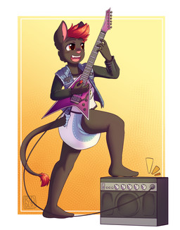 amplifier anthro black_body black_clothing black_ears black_eyebrows black_fur black_tail black_topwear blue_clothing blue_diaper blue_topwear border cheek_tuft clothed clothing diaper electric_guitar eyebrows facial_tuft fangs fur glistening glistening_hair guitar hair happy holding_guitar holding_musical_instrument holding_object male multicolored_eyes musical_instrument orange_eyes pink_inner_ear pink_nose pink_tongue playing_guitar playing_music plucked_string_instrument red_hair solo speaker string_instrument tail teeth tongue topwear tuft two_tone_eyes wearing_diaper white_border white_clothing white_diaper white_topwear yellow_eyes riddlr 2022 hi_res