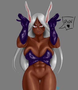 abs animal_ears big_breasts bottomless breasts butt butt_from_the_front cleavage clothed clothing dark_body dark_skin eyelashes female front_view fur genitals gloves grey_background hair handwear long_hair looking_at_viewer muscular muscular_female navel purple_clothing purple_gloves purple_handwear purple_topwear red_eyes simple_background solo thick_thighs thigh_gap topwear vulva white_body white_fur white_hair wide_hips mister_blueee my_hero_academia rumi_usagiyama animal_humanoid humanoid lagomorph lagomorph_humanoid leporid_humanoid mammal mammal_humanoid rabbit_humanoid hi_res