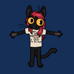 anthro black_body bottomless claws clothed clothing d20 dice dice_print featureless_crotch female gloves hair handwear humor looking_at_viewer presenting print_clothing print_shirt print_t-shirt print_topwear red_hair shirt simple_background slim solo standing t-shirt text text_on_clothing text_on_topwear topwear transparent_background whiskers yellow_eyes canlneblood mara_lockwood domestic_cat felid feline felis mammal 1:1 alpha_channel english_text hi_res meme