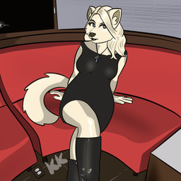 black_clothing black_dress clothing cross cross_necklace dress female jewelry necklace sitting kingkuraselache arctic_fox canid canine fox mammal true_fox 1:1 hi_res