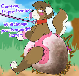 anthro brown_body brown_fur clothed clothing collar diaper diaper_only embarrassed feces fur leash leash_pull male mitts multicolored_body multicolored_fur object_in_mouth outside pacifier pacifier_in_mouth plant pooping soiled_diaper soiling soiling_diaper solo topless tree unclean_diaper used_diaper using_diaper walkies wearing_diaper law_azure mocha_(mochabit) canid canine canis domestic_dog mammal