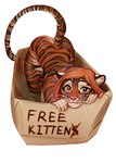 anthro box container female female_anthro fur hair nude playful simple_background smile solo stripes text whiskers white_background hauringu felid feline mammal pantherine tiger digital_media_(artwork)