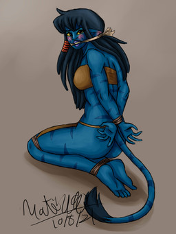 4_toes barefoot bdsm blush bondage bound breasts butt captured clothed clothing feet female gag hands_behind_back humanoid_feet kneeling looking_at_viewer looking_back plantigrade restrained restraints rope science_fiction skimpy soles solo submissive submissive_female toes matsurik90 james_cameron's_avatar alien alien_humanoid felid feline humanoid mammal na'vi 3:4 absurd_res hi_res