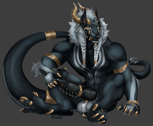 accessory anthro ball_tuft balls biped black_penis blue_eyes braided_hair braided_mane bronze_(metal) claws cock_ring digit_ring ear_piercing ear_ring fangs feet finger_claws finger_ring fur furgonomics genital_piercing genitals grey_background grey_body grey_fur grey_hair grey_mane hair horn jewelry knot knotted_penis looking_at_viewer male male_anthro mane multicolored_body multicolored_fur muscular muscular_anthro penile_spines penis penis_accessory penis_jewelry penis_piercing piercing ring ring_piercing simple_background sitting solo spiked_penis spikes spikes_(anatomy) tail tail_accessory tail_jewelry tail_ring teeth toe_claws toe_ring toes tuft i-psilone canid canine mammal hi_res