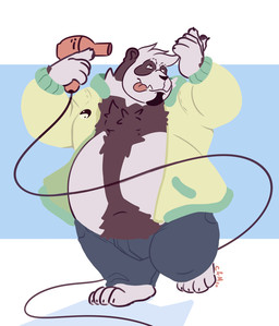 anthro belly big_belly black_nose bottomwear brown_body brown_fur clothed clothing dryer front_view fur glistening glistening_eyes grey_bottomwear grey_clothing grey_pants hair hair_dryer holding_hair_dryer jacket looking_up male mouth_closed navel obese obese_anthro obese_male open_clothing open_jacket open_topwear overweight overweight_anthro overweight_male pants red_tongue short_hair simple_background solo standing teeth tongue tongue_out topwear white_body white_fur white_hair yellow_clothing yellow_jacket_(clothing) yellow_topwear chocolateandmilk bear giant_panda mammal 2020 dated full-length_portrait hi_res portrait signature
