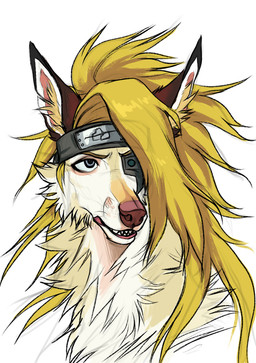 accessory alternate_species black_body black_fur blonde_hair blue_eyes feral feralized fur furrification hair headband inner_ear_fluff solo tan_body tan_fur translucent translucent_hair tuft white_body white_fur daemon_amadare naruto deidara_(naruto) canid canine mammal 2015 bust_portrait portrait