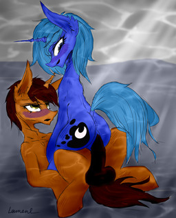 animal_genitalia animal_penis asphyxiation balls blue_body blue_fur blue_mane blue_tail blush brown_body brown_fur brown_mane cutie_mark drowning duo equine_genitalia equine_penis female feral fur genitals intersex looking_at_viewer looking_back male male/female maleherm mane penis tail underwater water knowledge_mixing lament friendship_is_magic hasbro my_little_pony princess_luna_(mlp) equid equine horse mammal pony absurd_res hi_res
