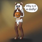 anthro barefoot bear black_text blue_eyes blush briefs brown_background bulge clothed clothing confusion detailed_background dialog_balloon english_text exposed_underwear feet ghost_costume halloween hi_res holding_object holidays jake_(smokeyrooster) male mammal monotone_briefs monotone_clothing monotone_underwear pantsless pantsless_male simple_background smile smokeyrooster solo text tighty_whities underwear white_briefs white_clothing white_underwear