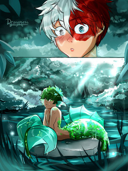 blue_eyes blush detailed_background facial_scar glistening glistening_body glistening_scales green_body green_eyes green_hair green_scales green_tail grey_eyes hair heterochromia light_body light_skin male male/male multicolored_hair red_hair scales scar skinny_male split_form tail two_tone_hair white_hair dragonessdeity my_hero_academia izuku_midoriya todoroki_shouto aquatic merfolk 2022