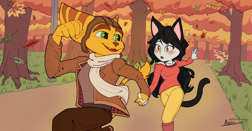 anthro autumn black_hair black_tail blush bottomwear bra_strap breasts brown_nose clothed clothed_female clothed_male clothing duo female forest fur grass green_eyes hair interlocked_fingers leaf long_hair male male/female markings open_mouth pants plant ring_(marking) ringed_tail scarf shirt striped_markings striped_tail stripes tail tail_markings thin_tail topwear tree white_body white_fur yellow_body yellow_eyes yellow_fur maximuseditor ratchet_and_clank sony_corporation sony_interactive_entertainment ratchet_(ratchet_and_clank) domestic_cat felid feline felis lombax mammal absurd_res hi_res