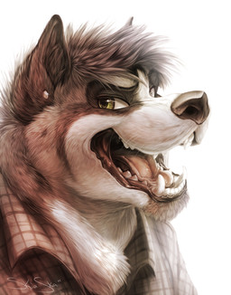 anthro black_nose brown_body brown_fur chest_tuft clothed clothing ear_piercing fangs fluffy fur green_eyes head_tuft inner_ear_fluff light looking_at_viewer male open_mouth piercing shirt simple_background solo teeth tongue topwear tuft white_background white_body white_fur skiaskai canid canine mammal 2015 lighting signature