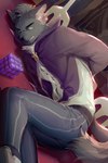 angry anthro bottomwear clothing hair hands_tied_behind_back hoodie male midriff pants purple_clothing purple_topwear solo teeth topwear shabi96522 pleasant_goat_and_big_big_wolf rubik's_cube canid canine canis mammal wolf 2022 2:3 absurd_res hi_res