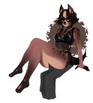 anthro biped black_bra black_clothing black_underwear bra breasts brown_body brown_ears brown_eyes brown_fur brown_hair clothing crossed_legs ear_piercing eyelashes facial_piercing female fur gauged_ear glistening glistening_bra glistening_clothing glistening_underwear gradient_fur hair heterochromia horn leaning leaning_backward leg_markings lip_piercing lip_ring looking_at_viewer markings multicolored_body multicolored_fur multicolored_hair navel piercing ring_piercing simple_background socks_(marking) solo spots spotted_body spotted_fur tan_body tan_fur tan_hair tan_horn two_tone_hair underwear sonyan canid canine canis domestic_dog mammal 2021 absurd_res digital_media_(artwork) hi_res shaded