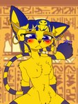 anthro crown ear_piercing egyptian female fluffy headgear hieroglyphics narrowed_eyes piercing solo teasing yarart animal_crossing ankha_zone nintendo ankha_(animal_crossing) domestic_cat felid feline felis mammal 3:4