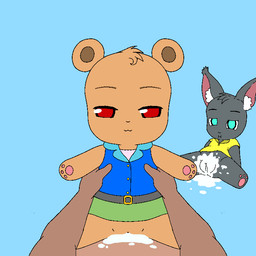 alcohol anthro beer beverage bodily_fluids bottomwear brown_body clothing cum cum_in_vagina cum_inside female first_person_view fur genital_fluids grey_body grey_fur group looking_at_viewer male male/female male_pov miniskirt penetrating_pov plushie red_eyes sex sex_toy shirt skirt solo_focus t-shirt topwear trio young ace_core human mammal 1:1