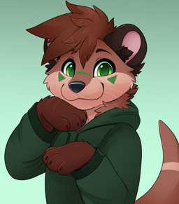 anthro black_nose brown_body brown_eyebrows brown_fur brown_hair clothing eyebrows fur green_background green_clothing green_eyes green_hoodie green_markings green_topwear hair hoodie inner_ear_fluff looking_at_viewer male markings short_hair simple_background smile solo tail topwear tuft whiskers feve mammal mustelid otter colored digital_drawing_(artwork) digital_media_(artwork) hi_res shaded