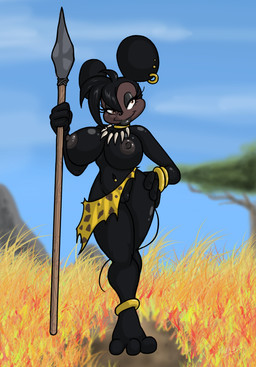 anthro big_breasts black_body black_coded black_fur bottomwear bottomwear_aside breasts cloth clothed clothing clothing_aside cloud dark_body ear_piercing ear_ring eyelashes female fur genitals ineffective_clothing ineffective_loincloth loincloth loincloth_aside melee_weapon nipples outside piercing polearm ring_piercing savanna sky solo spear topless torn_clothing tribal vulva weapon lordstevie disney minnie_mouse house_mouse mammal mouse murid murine rodent