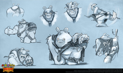 accessory action_pose all_fours anthro armor banana bent_arm blue_background blue_body blue_cape blue_clothing blue_eyes blue_headband blue_inner_ear blue_necktie blue_skin bodypaint branch cape closed_smile clothed clothed_anthro clothed_male clothing copyright_symbol crown double-bladed_staff face_paint fangs featureless_chest featureless_legs fist food fruit headband headgear holding_banana holding_double-bladed_staff holding_melee_weapon holding_object holding_weapon looking_at_viewer male male_anthro melee_weapon mitten_hands motion_lines mouth_closed multicolored_body muscular muscular_anthro muscular_male necktie noseless on_branch one_eye_obstructed pauldron pecs plant pose simple_background smile smiling_at_viewer solo symbol teeth text text_on_cape title torn_cape torn_clothing two_tone_body weapon year claudia_tuci donkey_kong_(series) mario_bros mario_plus_rabbids_kingdom_battle nintendo raving_rabbids rayman_(series) ubisoft rabbid_kong hybrid kong lagomorph mammal primate rabbid 2018 absurd_res adobe_photoshop_(artwork) colored crossover digital_media_(artwork) english_description english_text hi_res multiple_images official_art shaded