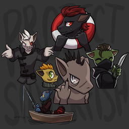ambiguous_gender anthro backpack boat clothed clothing cybernetic_eye cybernetics female fishing fishing_rod gesture grey_background group hand_gesture holding_knife holding_object kerchief knife life_preserver machine male middle_finger mohawk neckerchief neckwear nude scar simple_background spread_arms text text_background vehicle watercraft dbwuh project_silverfish the_artificer_(project_silverfish) the_assassin_(project_silverfish) the_castaway_(project_silverfish) the_veteran_(project_silverfish) the_wanderer_(project_silverfish) the_wretch_(project_silverfish) inheritor lizard reptile scalie 1:1 2025 english_text
