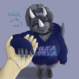 ambiguous_gender anthro big_breasts blush bottomwear breasts clothed clothed_anthro clothed_female clothing collar dialogue duo eyes_closed facial_horn female female/ambiguous fingers first_person_view footwear frill_(anatomy) grey_body grey_hair hair hand_holding high-angle_view hoodie horn human_on_anthro human_pov humanoid_hands interspecies medium_hair non-mammal_breasts purple_background purple_bottomwear purple_clothing purple_hoodie purple_shorts purple_topwear shoes shorts simple_background tail talking_to_viewer tapering_tail text topwear purplekatsnek vev_(purplekatsnek) ceratopsian ceratopsid chasmosaurine dinosaur human mammal marginocephalian ornithischian prehistoric_species reptile scalie triceratops 1:1 colored english_text shaded
