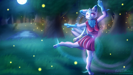 anthro belt big_ears blouse blue_body blue_fur bottomwear cape chest_tuft clothed clothed_anthro clothing collar dancing detailed_background digit_ring female flower_tail fluffy forest forest_background fur glowing glowing_eyes grass grass_field happy head_gem head_tuft heart_tag jewelry lake light looking_away magic moonlight night paws pink_body pink_fur plant purple_eyes ring skirt sky solo star starry_sky topwear tree tuft wedding_ring stellaamoris nintendo pokemon veo_(st3veo) arthropod beetle eeveelution elateroid espeon firefly generation_2_pokemon hybrid insect lewxen pokemon_(species) 16:9 4k absurd_res digital_media_(artwork) digital_painting_(artwork) hi_res painting_(artwork) wallpaper widescreen