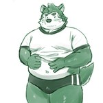 anthro belly blush embarrassed eyebrows fur green_body green_fur male navel overweight overweight_male solo thick_eyebrows yaki_atsuage lifewonders live_a_hero mokdai canid canine canis domestic_dog mammal 1:1 hi_res monochrome