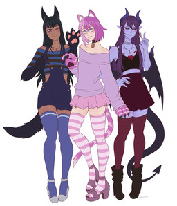 ankh bottomwear clothed clothing crossdressing_male crossgender eyewear femboy fur glasses group hair horn long_hair looking_at_viewer male monster_girl_(genre) simple_background skirt smile stripes suspenders tail teeth trio wings gyarusatan alice_in_wonderland monster_girl_encyclopedia anubis_(mge) cheshire_cat cheshire_cat_(mge) demon_(mge) animal_humanoid canid canid_humanoid canine canine_humanoid demon humanoid jackal_humanoid mammal mammal_humanoid winged_humanoid hi_res