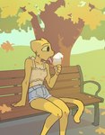 anthro autumn autumn_leaves bench bottomwear clothing denim denim_bottomwear denim_clothing denim_shorts dessert female food fur high_waisted_bottomwear high_waisted_shorts ice_cream ice_cream_cone midriff outside plant shorts sitting solo tongue tongue_out tree yellow_body yellow_fur filthypally microsoft prequel_adventure the_elder_scrolls katia_managan felid khajiit mammal 2024 hi_res