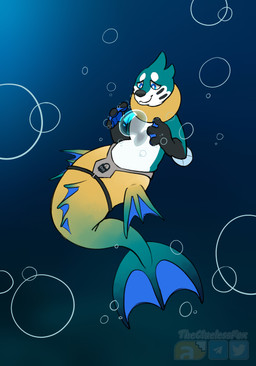3_fingers bubble chastity_belt chastity_device feral fin fingers male membrane_(anatomy) membranous_wings mermaid_tail mermaidification pawpads slit_chastity smile solo split_form tail underwater water webbed_hands wings thecluelessfox nintendo pokemon mokata_(buizel) aquatic buizel generation_4_pokemon hybrid merfolk pokemon_(species) absurd_res hi_res