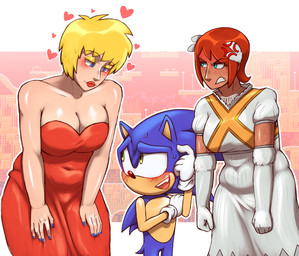 accessory angry anthro belly big_breasts biped blonde_hair blush breasts clothing dress embarrassed feather_in_hair female freckles group hair hair_accessory heart_symbol interspecies jealous larger_female loose_feather love male male/female red_clothing red_dress red_hair size_difference trio white_clothing white_dress fluffyyutyrannus sega sonic_the_hedgehog_(series) madonna_garnet princess_elise_the_third sonic_the_hedgehog eulipotyphlan hedgehog human mammal absurd_res digital_drawing_(artwork) digital_media_(artwork) hi_res shaded simple_shading
