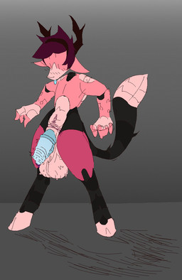 alien_genitalia anthro balls big_balls big_penis blue_penis bodily_fluids floating_head genital_fluids genitals grey_background hooves horn machine male nude penis pink_body pubes simple_background snout unguligrade unusual_bodily_fluids unusual_genital_fluids pezpengoo android robot hi_res