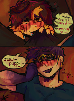 4_eyes begging big_bulge blush bodily_fluids bottomwear bulge bulge_grab bulge_in_face bulge_lick clothed clothed_humanoid clothed_male clothing collar dialogue dominant dominant_male drooling drooling_on_partner erection fangs female floppy_ears heart_symbol highlights_(coloring) huge_bulge licking looking_down looking_up male male/female multi_eye muscular muscular_humanoid muscular_male pants saliva submissive submissive_female teeth text tongue wet wet_bottomwear wet_clothing wet_pants crowshroomm gab_(crowshroomm) oenopos_(henrijae) animal_humanoid canid canid_humanoid canine canine_humanoid dog_humanoid eldritch_humanoid humanoid mammal mammal_humanoid absurd_res colored comic english_text hi_res